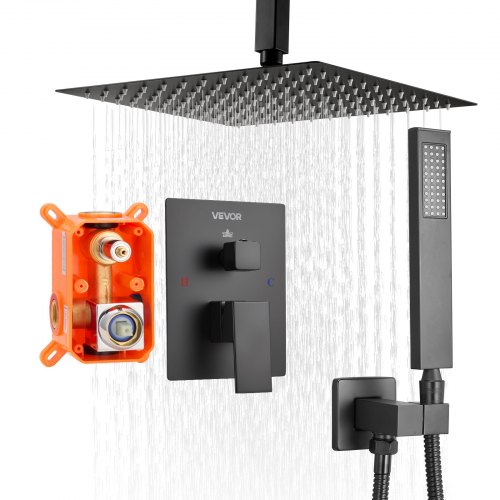 VEVOR Shower Faucet Set, Rainfall Bathroom Shower System with 10-Inch (25.4cm) Square Rain Shower Head and Handheld Spray, Ceiling Mount Bath Fixtures with Brass Valve and Trim Kit, Matte Black