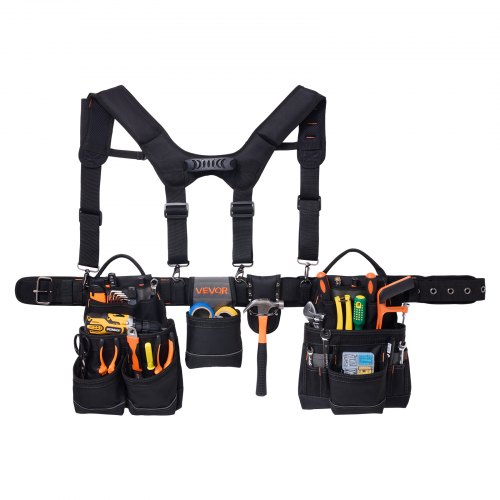 VEVOR Tool Belt, 19 Pockets Tool Pouch with Suspenders for Men, Heavy Duty Adjustable Utility Belt Work Bag Detachable Suspension Rig for Electrician, Carpenter, Construction, Adjust Waist 80-131 cm