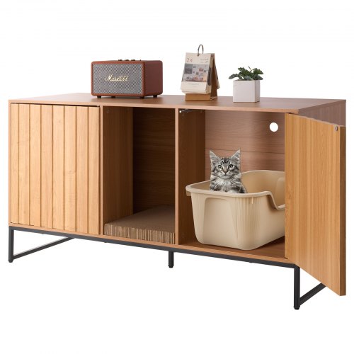 VEVOR Cat Litter Box Enclosure Furniture, 120 cm Hidden Litter Box Cabinet with Scratch Pad & Storage, Waterproof Cat Washroom End Table Cat House, Fit Most of Litterbox, for Bedroom Living Room
