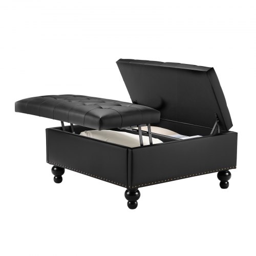 VEVOR 88 cm Square Leather Ottoman with Storage, Upholstered Tufted Button Coffee Table Ottoman with Lift-Top & Flip Design, PU Leather High-Density Sponge for Living Room, Bedroom, Dorm, Black
