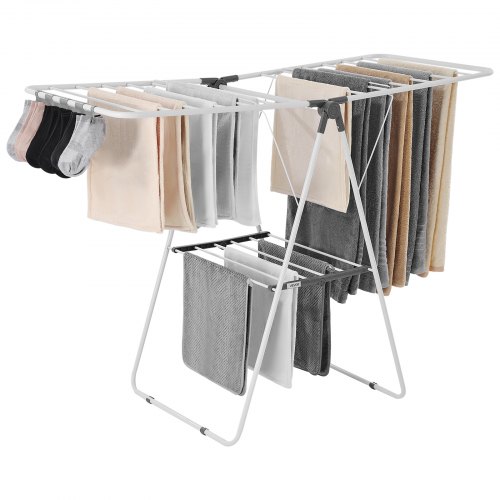 VEVOR Clothes Drying Rack, 2-Tier Foldable Laundry Dryer Rack with Sock Clips & 21 Drying Rods, Metal Height Adjustable Drying Racks for Outdoor & Indoor, Free-Standing & Space-Saving Hanger, White