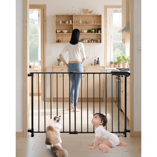 VEVOR Baby Gate, 29.5-43 Inches Adjustable Width, 28 Inches High Dog Gate, No Threshold Bar, Easy Step Walk Thru, for Child Pet Security, with Screws, One-Hand Open, for Stairs and Doorways, Black