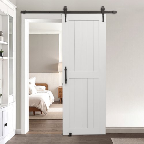 VEVOR Sliding Barn Door, 762 x 2134mm, High-Strength MDF Panel, Barn Door with Hardware Kit, Water-Proof PVC Surface, Easy to Install, H-Frame, Smoothly and Quietly Sliding for Living Room, Bathroom