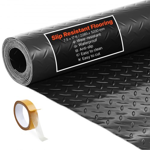 VEVOR Garage Floor Roll, 2.28 x 5.2 m Garage Flooring Mat, 2.2 mm Thickened PVC Diamond Plate Floor Protector Mat with Double-sided Tape, Non-Slip, Easy to Clean for Warehouse, Gyms, Trailer, Black