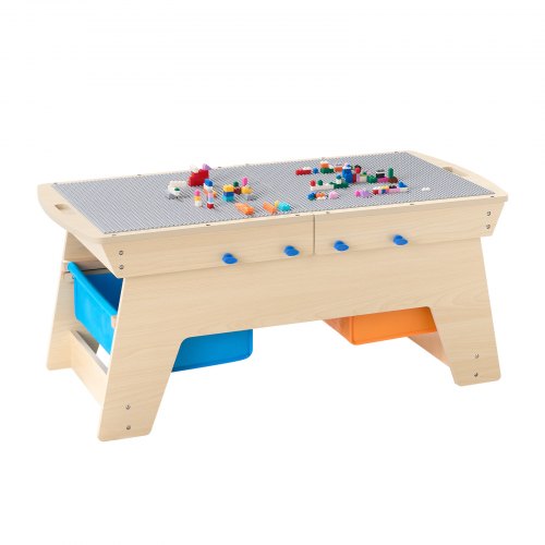 VEVOR Kids Reversible Wooden Activity Table, Multi-Purpose Activity Play Table with 200 Building Bricks & 3 Storage Bins for Kids 3+ Years, Large Storage Space, Present for Boys & Girls, Natural