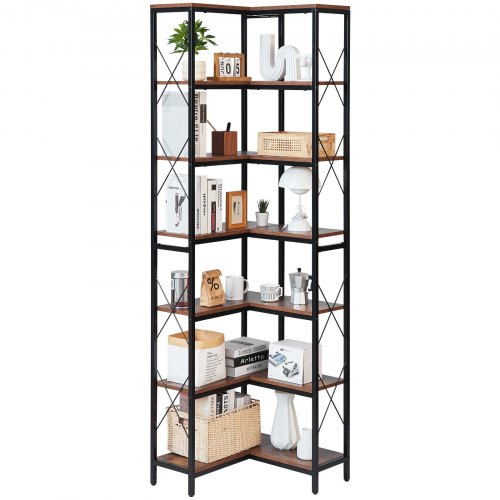 VEVOR 7 Tier Corner Bookshelf, Tall Corner Bookcase Strage, Large L-Shaped Bookshelf Organizer with Metal Frame & Wooden Shelves, Reversible Display Book Shelf Rack for Bedroom, Living Room, Office