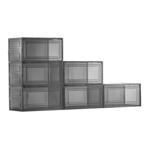 VEVOR Shoe Storage Boxes, 6 Pack Clear Stackable Shoe Boxes Storage Organizers with Magnetic Door, Fit up to US Size 13, Plastic Sneaker Containers for High Heels, Boots, and Hats, Transparent Black