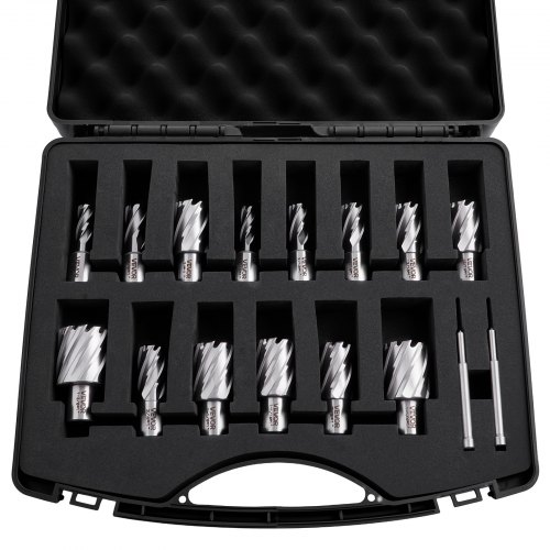 VEVOR Annular Cutter Set, 16 pcs Weldon Shank Mag Drill Bits Kit, 25.4 mm Cutting Depth, 11.11 mm to 34.92 mm Cutting Diameter, HSS, 14 Drill Bits with 2 Pilot Pins, Plastic Case, for Magnetic Drills