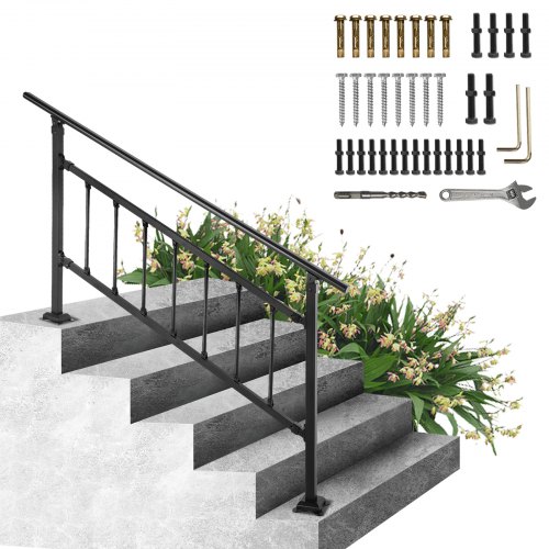 VEVOR Outdoor Stair Railing, Fits for 1-4 Steps Transitional Wrought Iron Handrail, Adjustable Exterior Stair Railing, Handrails for Concrete Steps with Installation Kit, Matte Black Outdoor Handrail