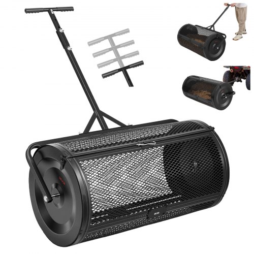 VEVOR Compost Spreader, 91 cm Wide Peat Moss Spreader with Push/Tow Handle, 4 Heights Adjustable, Powder-Coated Steel Garden Peat Moss Roller, Heavy Duty Grass Seed Roller for Planting Seeding, Black