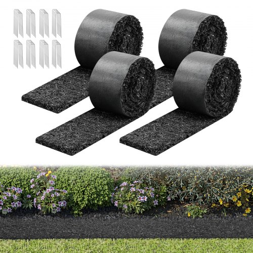 VEVOR Rubber Mulch Mat Roll, 4 Rolls 305 x 11.5 cm, Recycled Rubber Permanent Mulch Edging Border, Natural-Looking Flower Barrier with Stakes, 0.5 in Thick Cuttable Garden Edgings for Landscaping