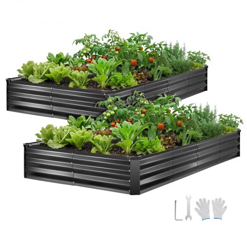 VEVOR 2 Pack Galvanized Raised Garden Beds, 2400 x 1200 x 300 mm, Rectangular Metal Planter Boxes Kit Outdoor, Elevated Planting Box with Gloves, Alu-Zinc, for Growing Flowers Vegetables, Dark Gray