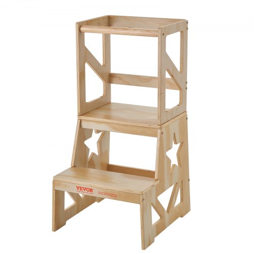 VEVOR Toddler Step Stool for Kids, Natural Pine Wood Toddler Stool with Safety Rail, 150LBS Loading Capacity Standing Tower Learning Stool for Bedroom Bathroom Kitchen Counter