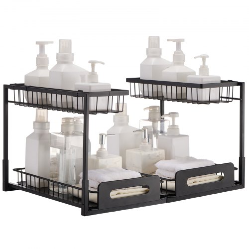VEVOR 2 Tier Pull Out Cabinet Organizer(10.7"W x 14.2"D ), Under Sink Organizer and Storage, Slide Out Drawer Cabinet Organizer, Wire Basket Shelf, 25.5"Wx15.5"Dx13"H Install Size for Cabinet (2 Pack)