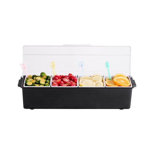 VEVOR Chilled Condiment Server, 4 Compartment Ice Cooled Condiment Serving Container, Chilled Garnish Tray Bar Caddy with Lid, for Bartending & Serving Taco, Salad, Fruit, Home & Restaurant Supplies