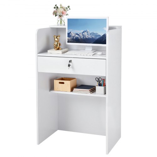 VEVOR Reception Desk, 60 cm Rectangular Front Counter Table, Modern Office Reception Desk with Drawer, Small Minimalist Retail Counter Table for Checkout, Lobby, Beauty Salon and Office, White