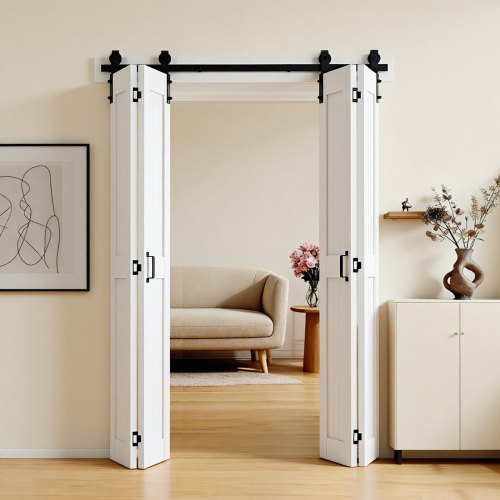VEVOR Bifold Barn Door, 1219 x 2134 mm, MDF Bi-Fold Sliding Closet Doors, Hardware Kit Included, H-Frame Space-Saving Design, Pre-Assembled Panels for Bedroom, Living Room, and Room Divider, White