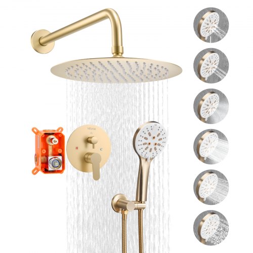 VEVOR Shower Faucet Set, Rainfall Bathroom Shower System with 10-Inch (25.4cm) Round Rain Shower Head and Handheld Spray, Wall Mounted Bath Fixtures with Brass Valve and Trim Kit, Brushed Gold