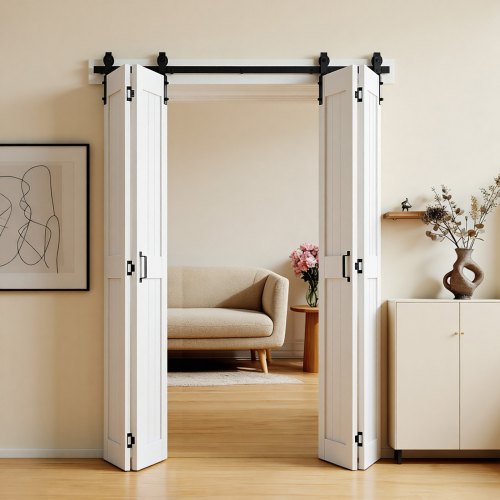VEVOR Bifold Barn Door, 1829 x 2134 mm, MDF Bi-Fold Sliding Closet Doors, Hardware Kit Included, H-Frame Space-Saving Design, Pre-Assembled Panels for Bedroom, Living Room, and Room Divider, White