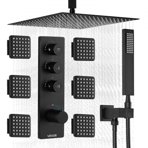 VEVOR Shower Faucet Set, 406 mm Thermostatic Ceiling Mount Rainfall Shower System with 6 Body Jets and Handheld Spray, Rotatable 3-Function Rain Head Complete Brass Valve and Trim Kit, Matte Black