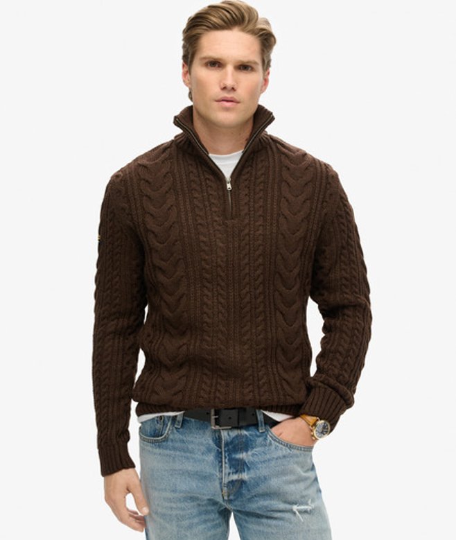 Superdry Herren Vintage Jacob Zopfstrickpullover mit Halblangem Reißverschluss Braun - Größe: Xxl