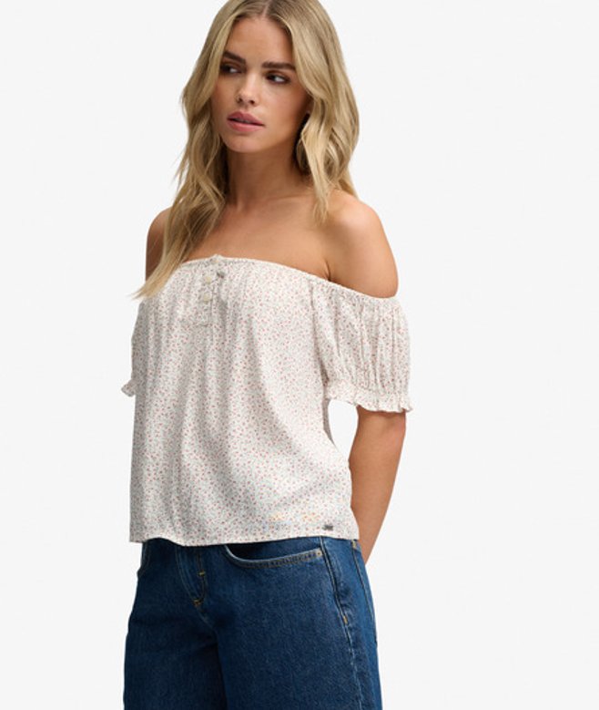 Superdry Damen Kurzärmeliges Gewebtes Top mit Halbknopfleiste White - Größe: 38