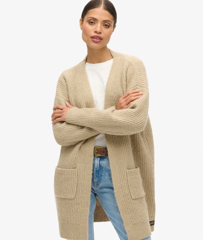 Superdry Damen Langer Essential Strickcardigan Braun - Größe: 34-36