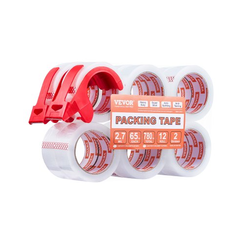 VEVOR Transparent Packtejp, 7,5 cm kärna, 12 rullar 4,8 cm x 65 yards Packtejp med Dispenser, 2,7 mm Kraftig Packtejp Avsedd för Flytt, Förvaring och Packning, Frakt och Utskick