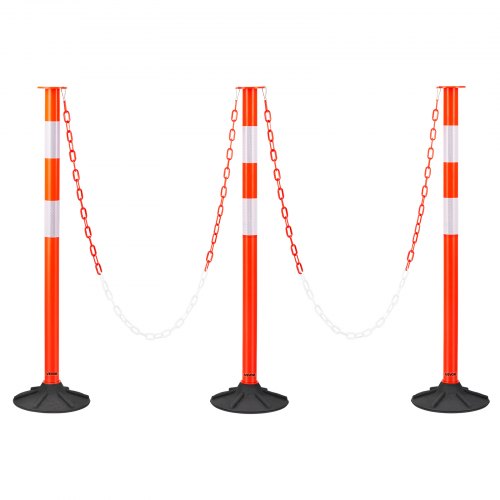 VEVOR 3-pack trafikavgränsningsstolpar, 871 mm trafiksäkerhetskoner med viktad bas, reflexremsor och kedja, kraftiga avgränsningsstolpar för byggarbetsplatser, parkeringsplatser, trängselkontroll, röd