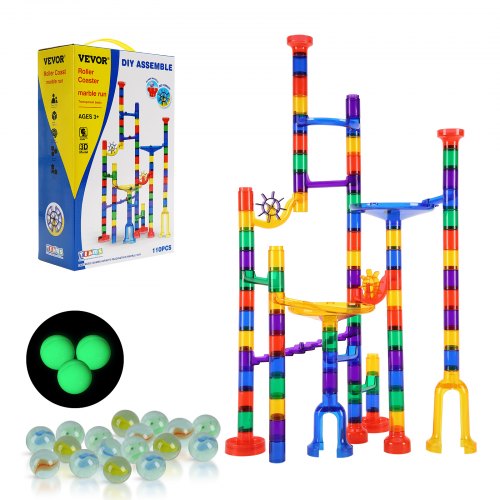 VEVOR Kulbana Set, 110-delars Kullabyrint Byggklossar Hjärnspel, med 10 Glödande Kulor + 20 Glaskulor, Pedagogiska Inlärningsbana STEM-leksaker, för barn, Pojkar, Flickor från 3 År