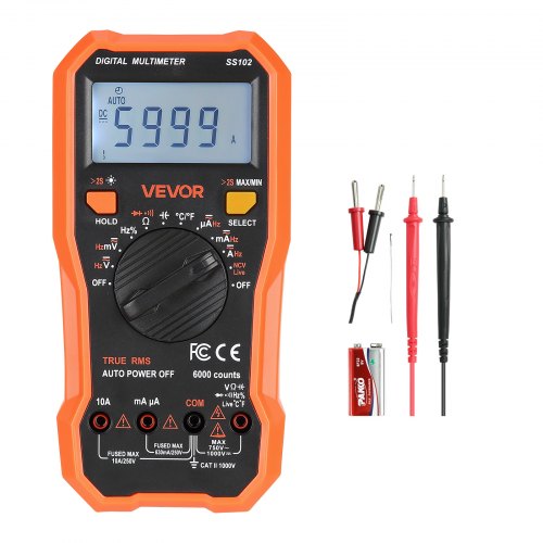 VEVOR digital multimeter, 6000-enheters TRMS DC/AC voltmeter strömtestare, professionell NCV-multimeter för ström, spänning, resistans, kapacitans, arbetscykel, temperatur, dioder, kontinuitet, fasledningstest