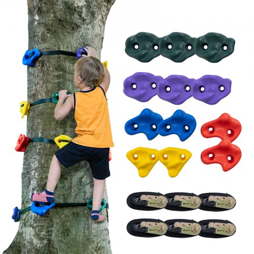 VEVOR Ninja trädklättersats, 12 trädklättergrepp och 6 spärrremmar, stora klätterstenar för barn och vuxna klättrare, olika färger och former, för utomhushinderträning med ninjakrigare