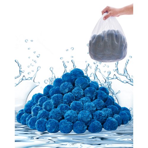 VEVOR Poolfilterbollar för sandfilter, 0,7 kg/1,5 lbs, filterbollar som ersätter poolfiltersand, återanvändbart blått polyesterfiberfiltermedia med tvättpåse, för pool, akvarium och ovanmarkspool