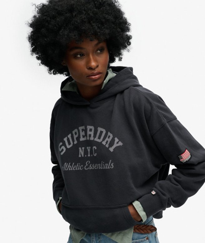 Superdry Damen Baumwolle Logo Druck Athletic Essentials Hoodie In Lockerer Passform, Marineblau - Größe: 44