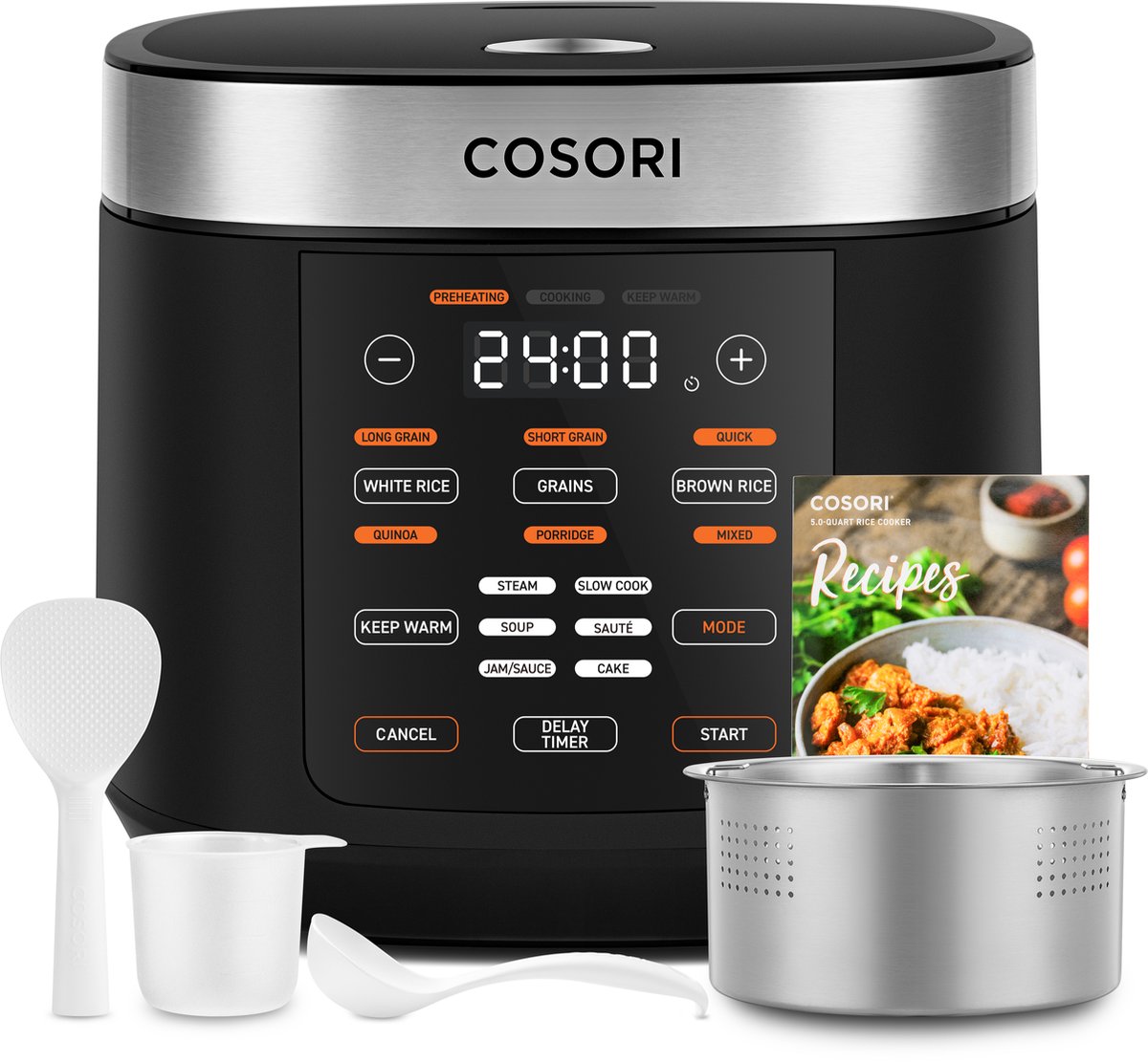 Cosori CRC-R501-KEU 5.0L schwarz | Reiskocher | Digital-Zeitmesser | 17 Kochprogramme | Teflonbeschichtet | Einfach zu säubern | LED
