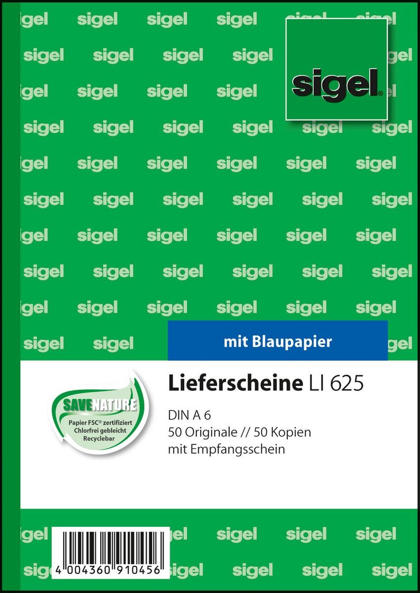 10 x Sigel Lieferschein mit Empfangsschein A6 hoch 2x50 Blatt