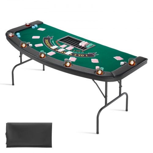 VEVOR Foldable Poker Table, 7 Player 1828.8 mm Folding Casino Leisure Table with Padded Rails & Cup Holders, Semi-oval Portable Game Tables with Felt & Metal Legs, for Texas Hold'em Game and Blackjack