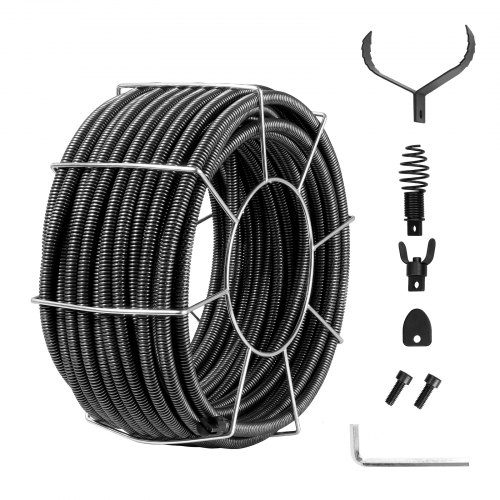 VEVOR Avloppsrensningskabel 100 FT x 3/4 tum, solid kärna i stål med 4 avbitartänger för 3,9" till 7,9" rör, professionell avloppsrensningskabel med inre kärna för handfat, golvbrunn, toalett