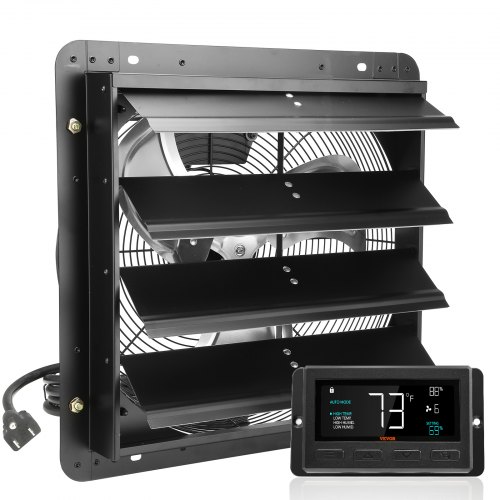 VEVOR Shutter Exhaust Fan, 406 mm with Temperature Humidity Controller, EC-motor, 1747 CFM, Variable Speed Adjustable Wall Mount Attic Fan, Ventilation and Cooling for Greenhouses, Garages, Sheds