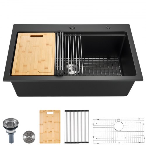 VEVOR 84 cm Kitchen Sink Workstation, Top Mount Granite Sinks, Drop-In Single Bowl Farmhouse Basin with Multiple Accessories, Household Dishwasher Sink for RV, Prep Kitchen, and Bar (Black)
