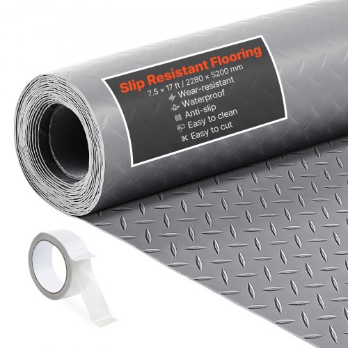 VEVOR Garage Floor Roll, 2.28 x 5.2 m Garage Flooring Mat, 2.2 mm Thickened PVC Diamond Plate Floor Protector Mat with Double-sided Tape, Non-Slip, Easy to Clean for Warehouse, Gyms, Silver Gray