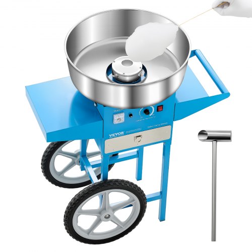 VEVOR Elektrisk Sockervaddsmaskin med Vagn, 1000W Kommersiell Sockervaddsmaskin med 52 cm Skål i Rostfritt Stål, Sockerskopa och Låda, Lätt att Använda, För Hemmet, Barnfödelsedagar, Familjefester, Blå