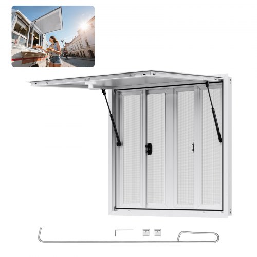 VEVOR Servicefönster 92x92 cm, Servicefönster i aluminiumlegering för food truck, upp till 85 graders stående serveringfönster med 4 skjutbara fönster, markisdörr och dragkrok, för food trucks