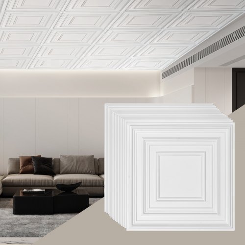 VEVOR Ceiling Tiles 12-Pack 61 cm x 61 cm PVC Easy Installation White Peg Pattern