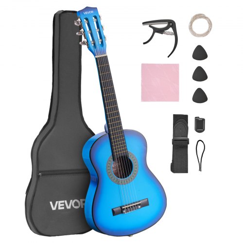 VEVOR Klassisk Gitarr, 780 mm, Startkit för Klassisk Gitarr i Trä för Nybörjare, med Nylonsträngar, Gigbag, Rem, Stämapparat, Extra Strängar, Plektrum, Capo, Lindträ, för Barn Flickor Pojkar Studenter, Blå