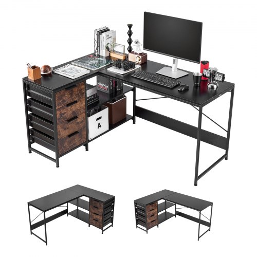 VEVOR L-Shaped Computer Desk, 1.5m Reversible Corner Gaming Desk with Drawers & Storage Shelves, Modern Stylish PC Table Sturdy Work Workstation for Home Office - Easy to Assembly