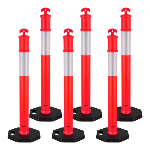 VEVOR 6-pack trafikavgränsningsstolpar, 1140 mm trafiksäkerhetskoner med viktad bas och reflexremsor, kraftiga avgränsningsstolpar för byggarbetsplatser, parkeringsplatser, trängselkontroll, röd