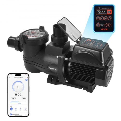VEVOR Variable Speed Pool Pump, 1650W, AC 220-240V, 33,000 L/H, In/Above Swimming Pool Pump with Filter Basket, Powerful Self Priming, Programmable Timer, for Inground and Above Ground Swimming Pool
