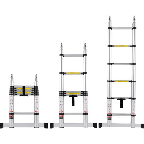 VEVOR Telescoping Ladder, 12.5FT A-Shape Aluminum Extension Ladder Lightweight, Multi-button Retraction Collapsible Ladder, 375 LBS Capacity w/ Stabilizer Bar, Multi-Purpose Ladders for RV, Camper
