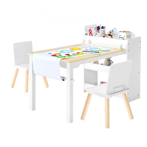 VEVOR Kids Art Table and Chair Set, Toddler Craft Table with 3 Tiers Storage Cabinet, Wooden Kids Activity Play Desk with 2 Chairs, Art Craft Play Desk for Reading, Learning, Drawing, Writing, White